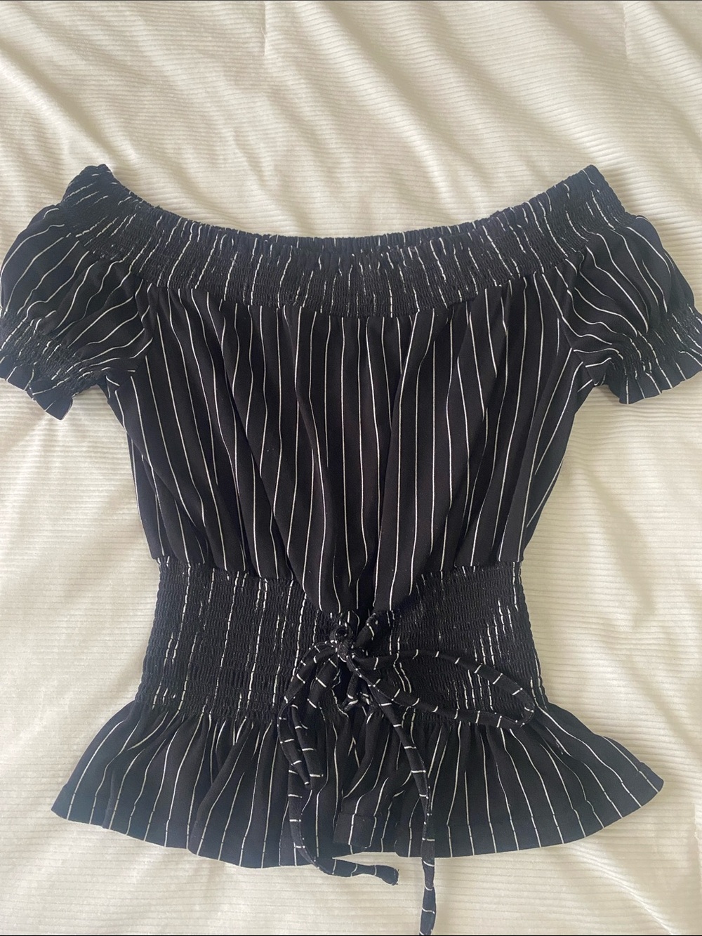 Sweet Wanderer Black Pinstripe Off-Shoulder Smocked Top